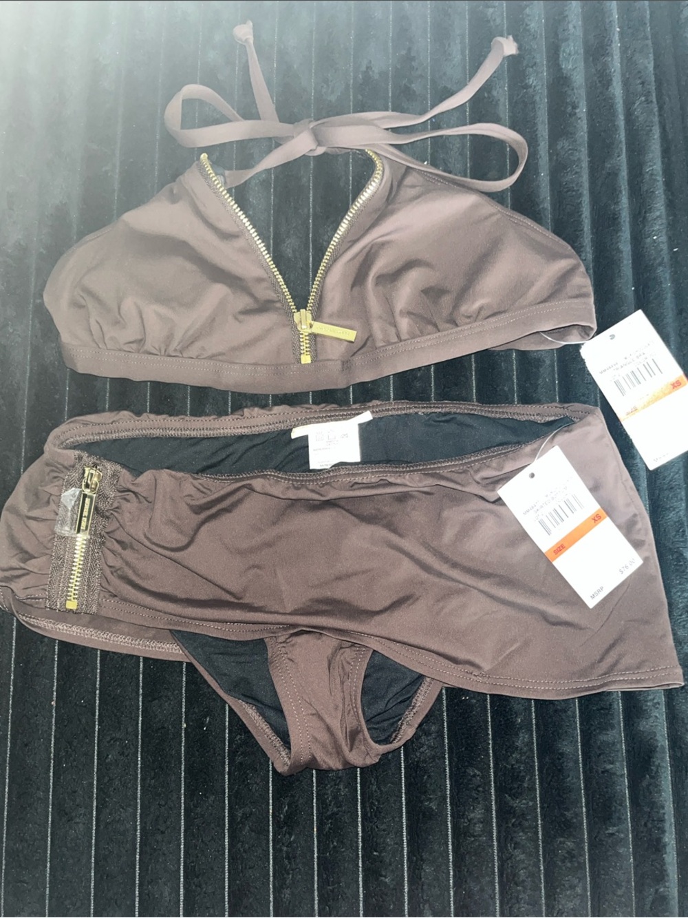 Michael Kors Brown Zip-Accent Bikini Set